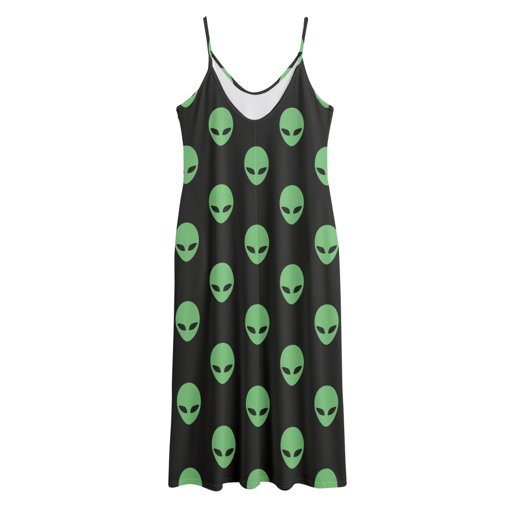 Green Alien Face Print Jersey Midi Cami Dress