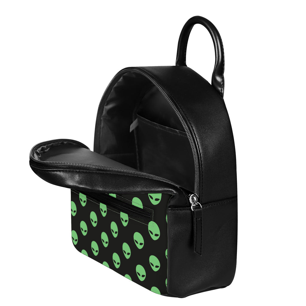 Green Alien Face Print Leather Backpack