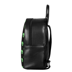 Green Alien Face Print Leather Backpack