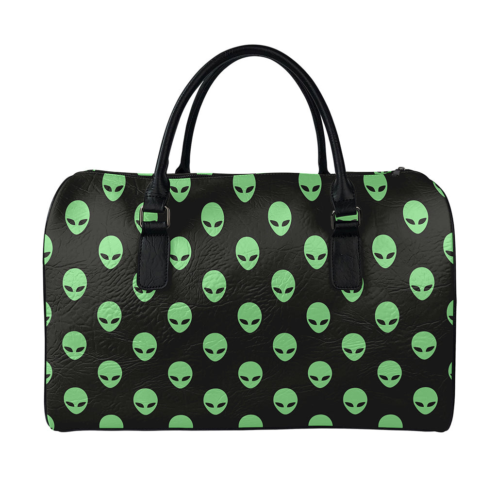 Green Alien Face Print Leather Duffle Bag