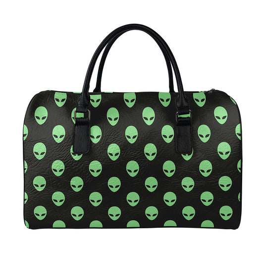 Green Alien Face Print Leather Duffle Bag