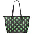 Green Alien Face Print Leather Tote Bag With Zipper