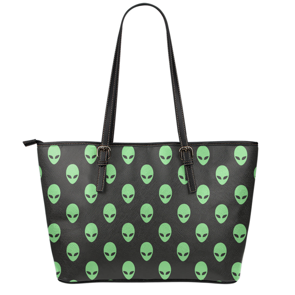 Green Alien Face Print Leather Tote Bag