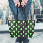 Green Alien Face Print Leather Tote Bag