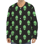 Green Alien Face Print Long Sleeve Baseball Jersey