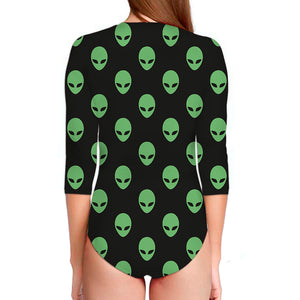 Green Alien Face Print Long Sleeve Swimsuit