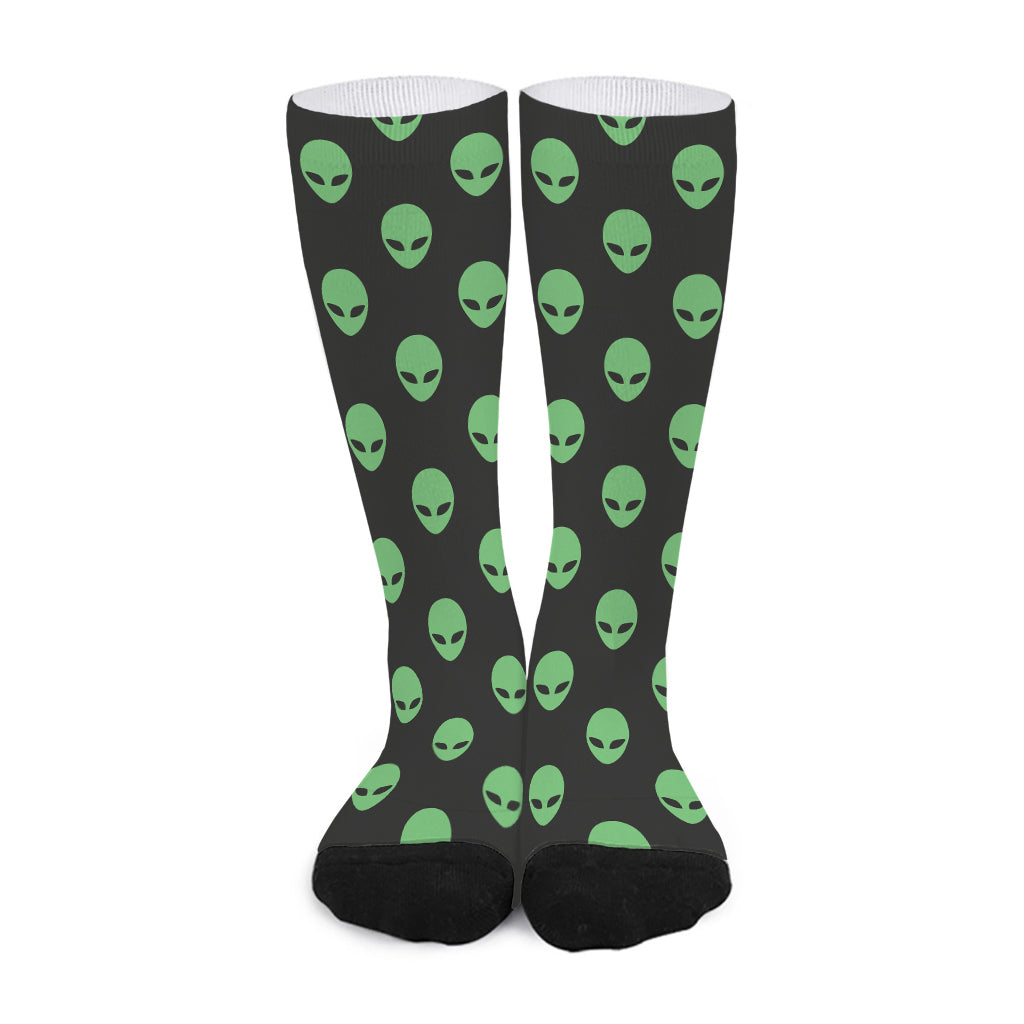 Green Alien Face Print Long Socks