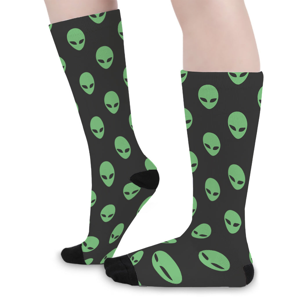 Green Alien Face Print Long Socks