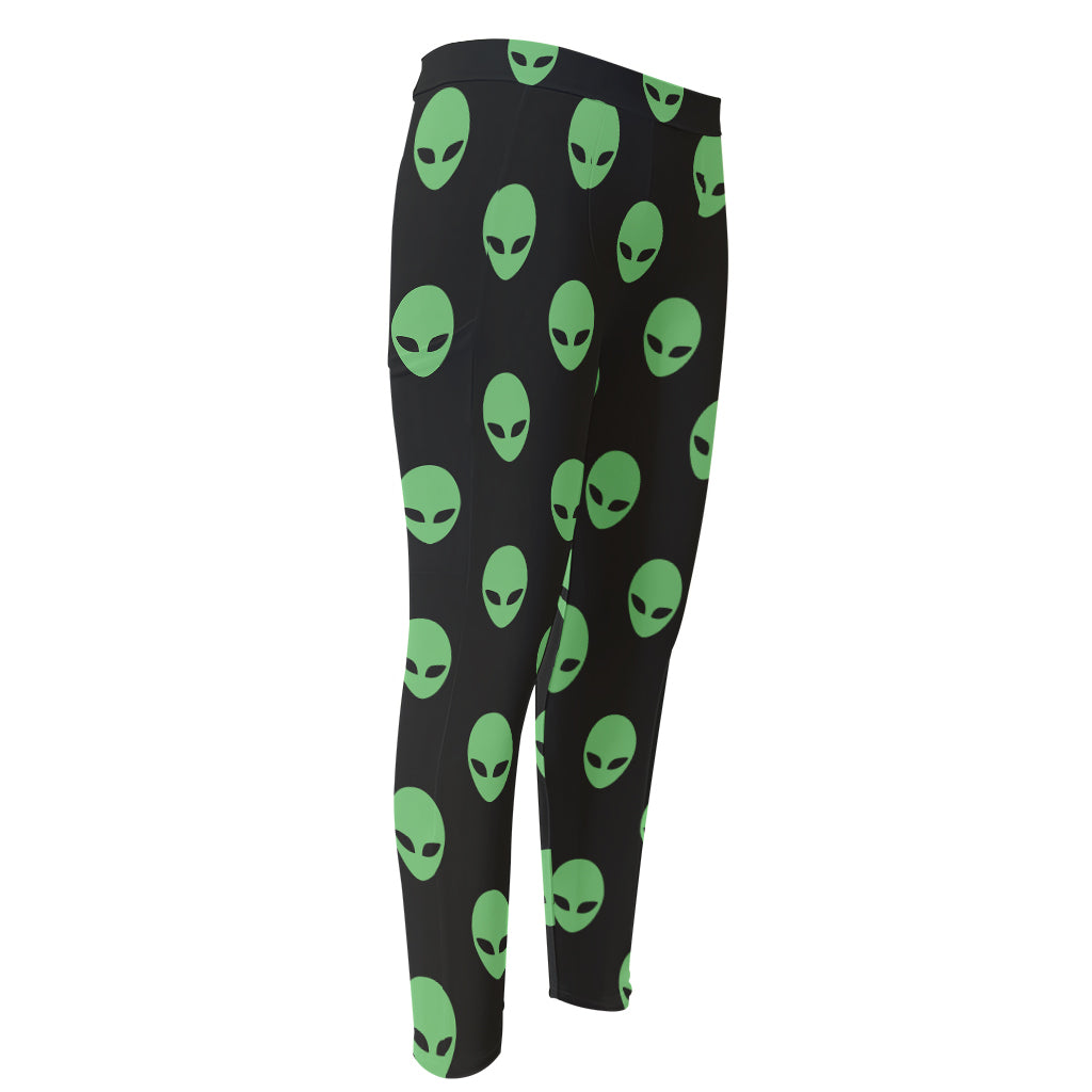 Green Alien Face Print Men's Compression Pants