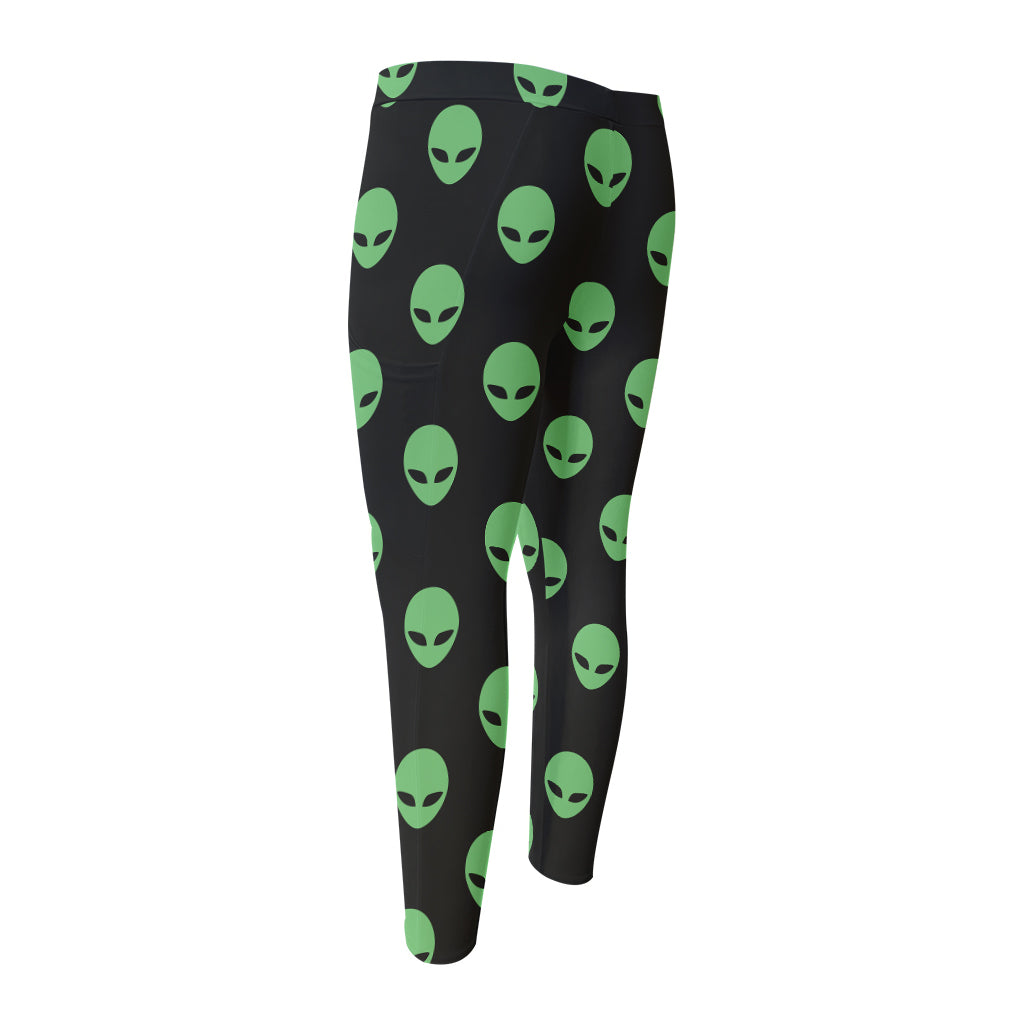 Green Alien Face Print Men's Compression Pants