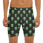 Green Alien Face Print Men's Long Boxer Briefs