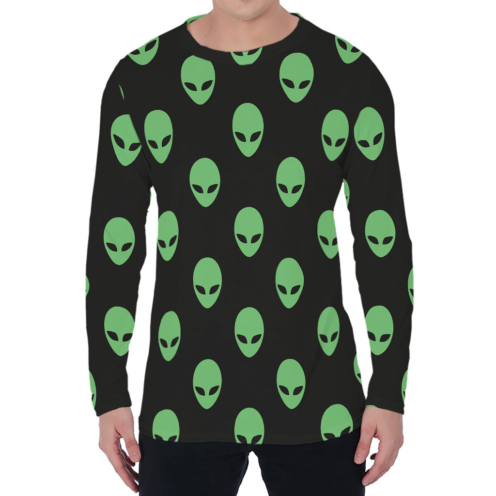 Green Alien Face Print Men's Long Sleeve T-Shirt