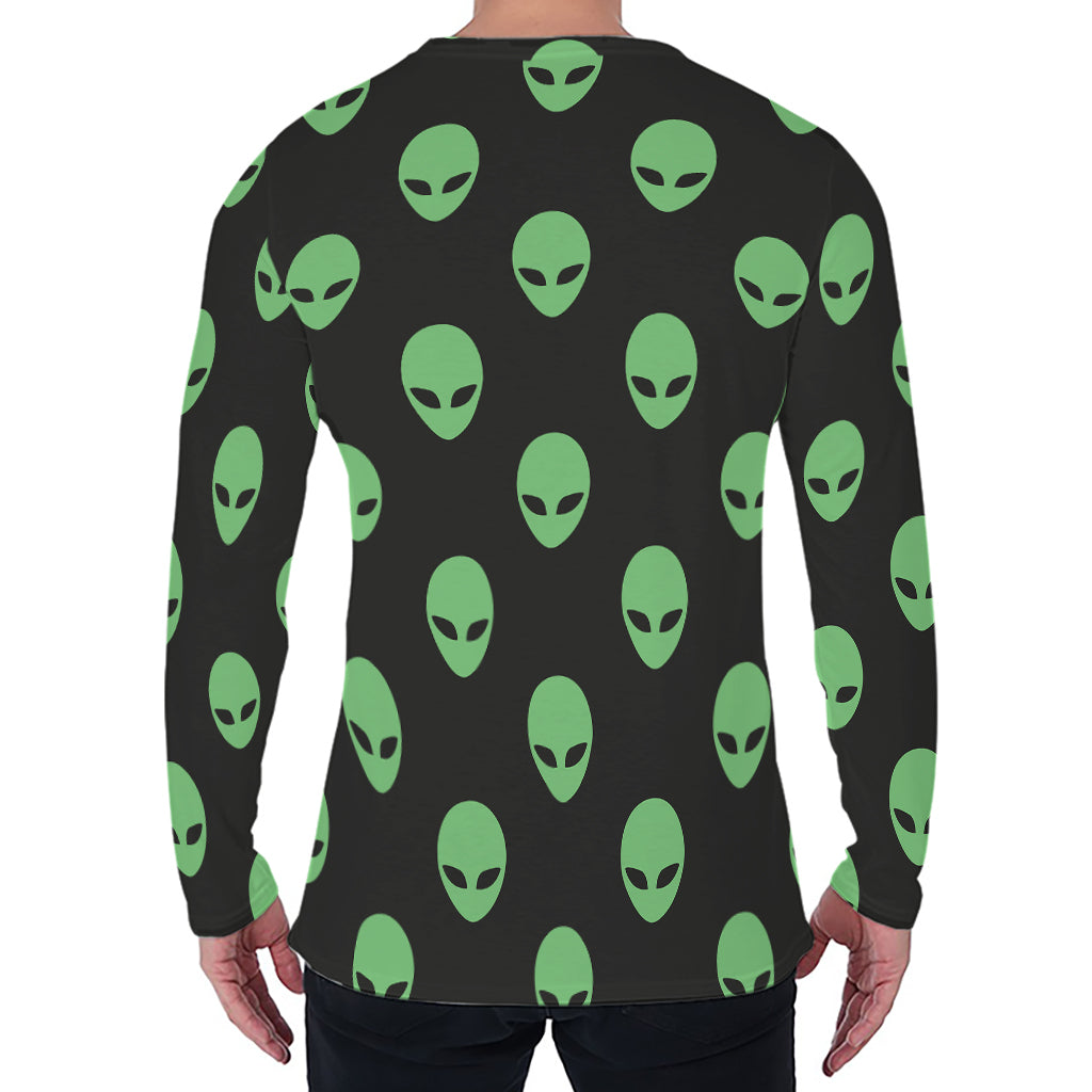 Green Alien Face Print Men's Long Sleeve T-Shirt