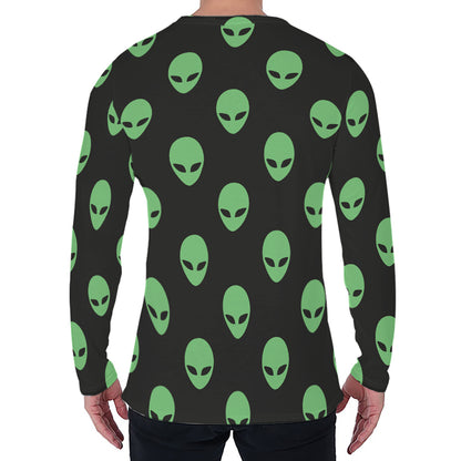 Green Alien Face Print Men's Long Sleeve T-Shirt