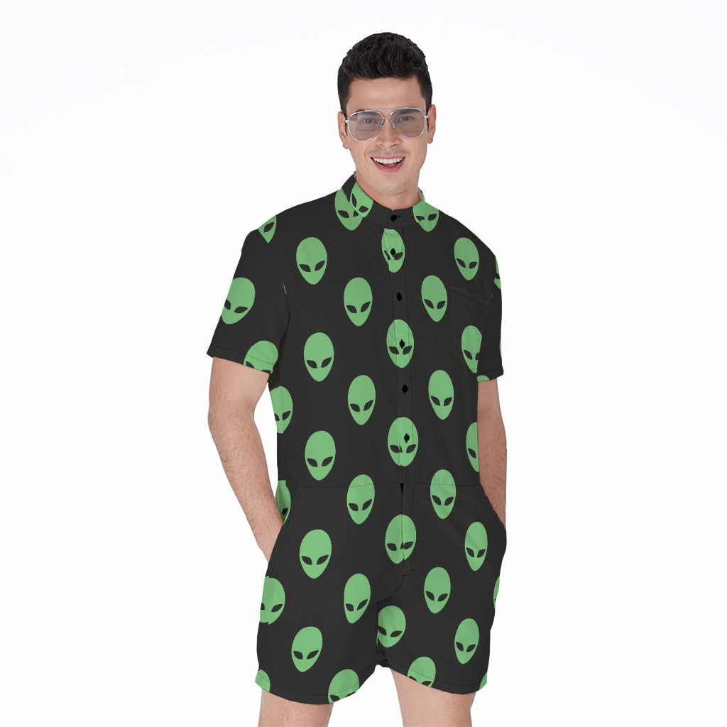 Green Alien Face Print Men's Rompers