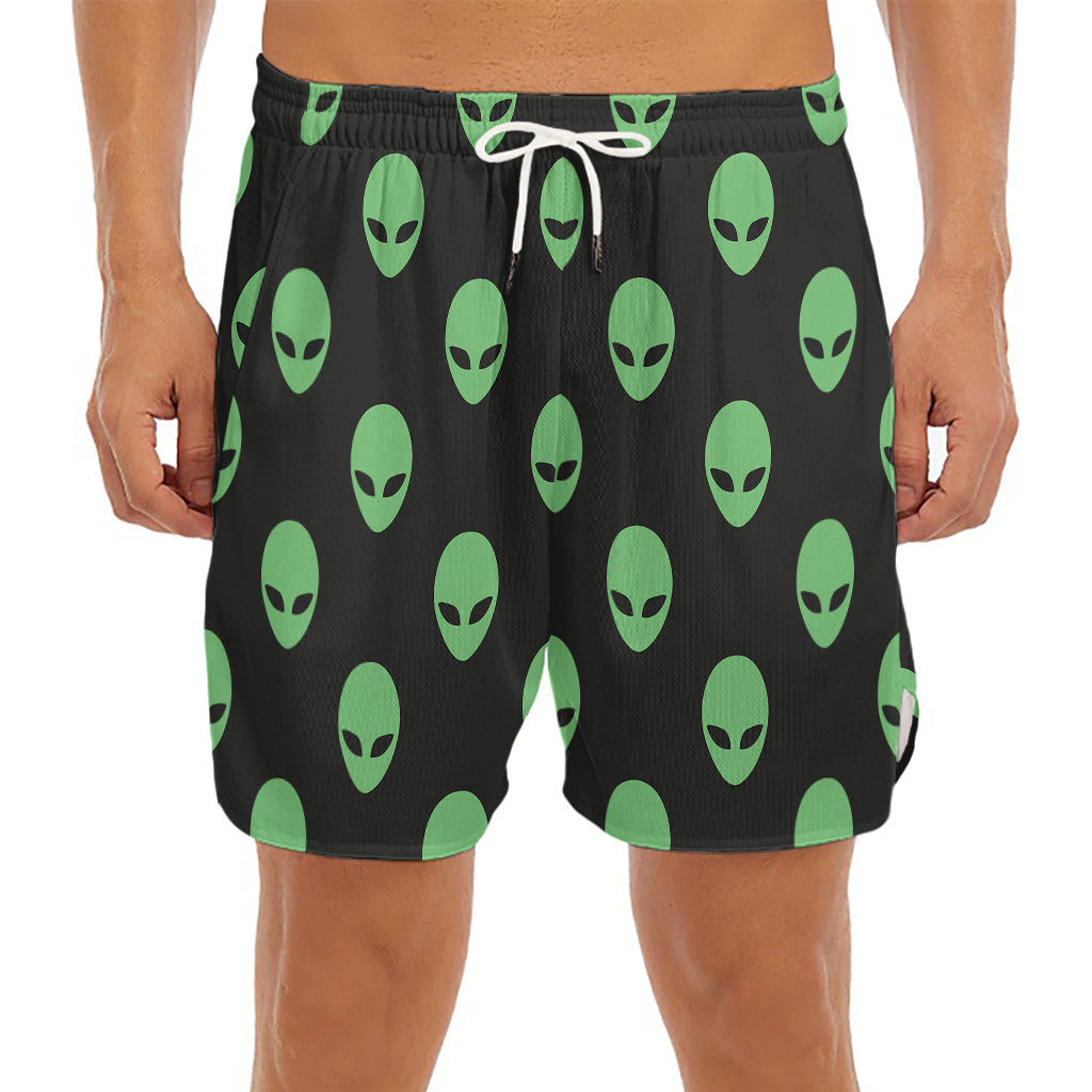 Green Alien Face Print Men's Split Running Shorts