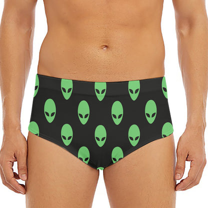 Green Alien Face Print Men's Triangle Swim Briefs