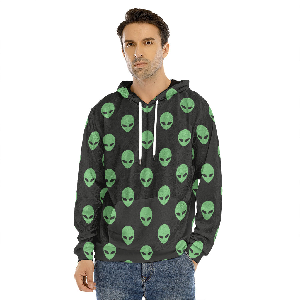 Green Alien Face Print Men's Velvet Pullover Hoodie