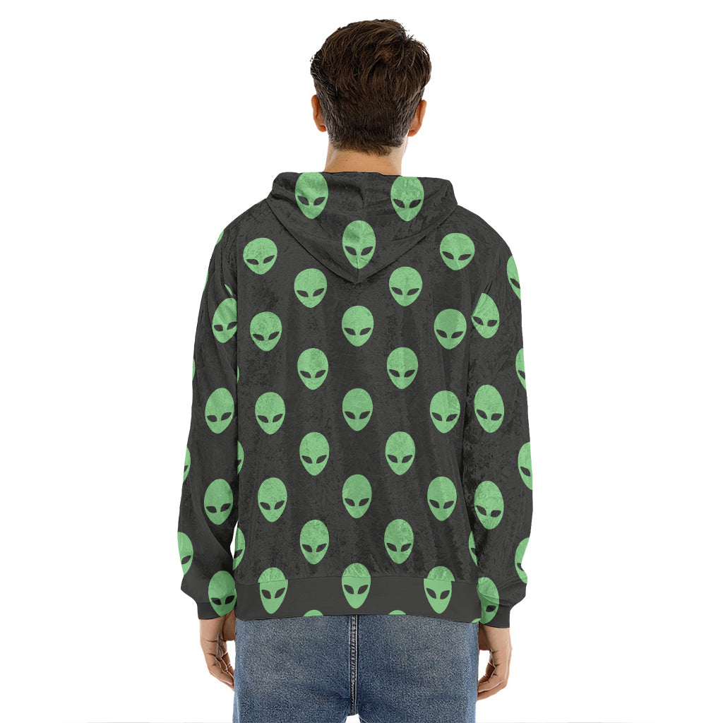 Green Alien Face Print Men's Velvet Pullover Hoodie