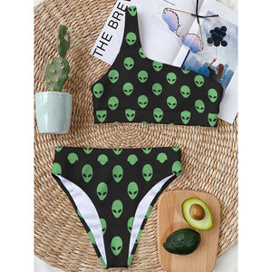 Green Alien Face Print One Shoulder Bikini Top