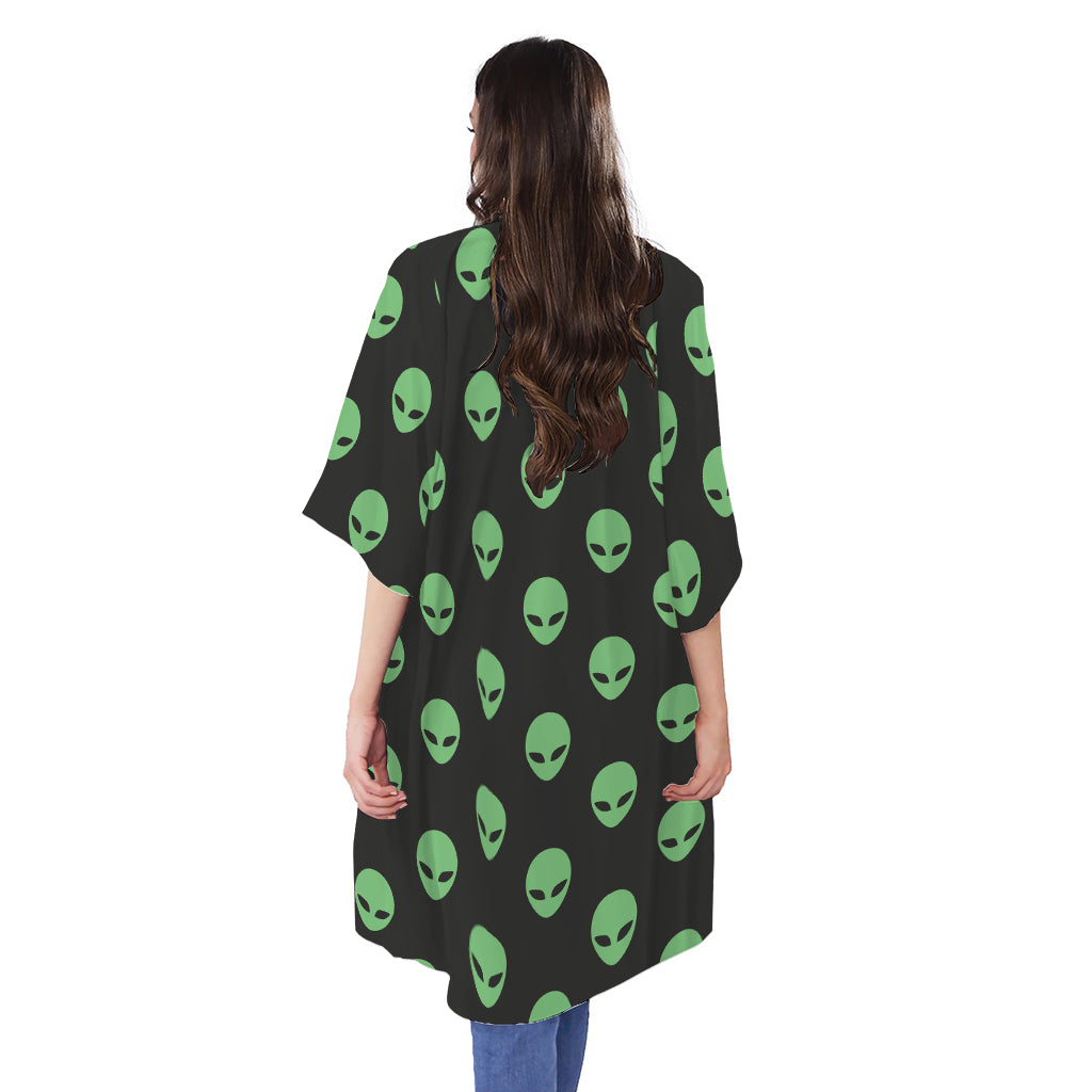 Green Alien Face Print Open Front Beach Cover Up