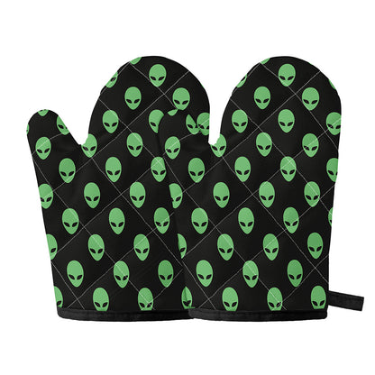 Green Alien Face Print Oven Mitts