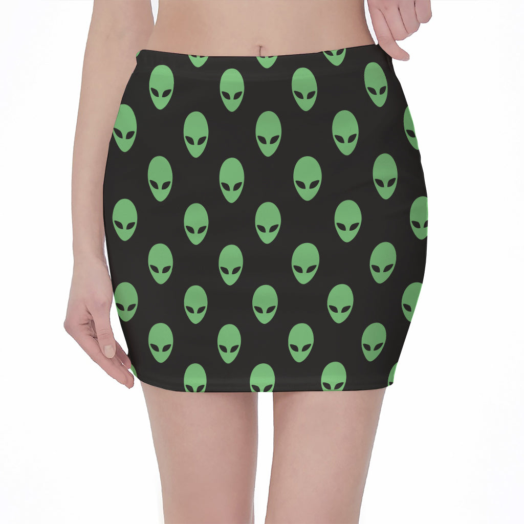 Green Alien Face Print Pencil Mini Skirt