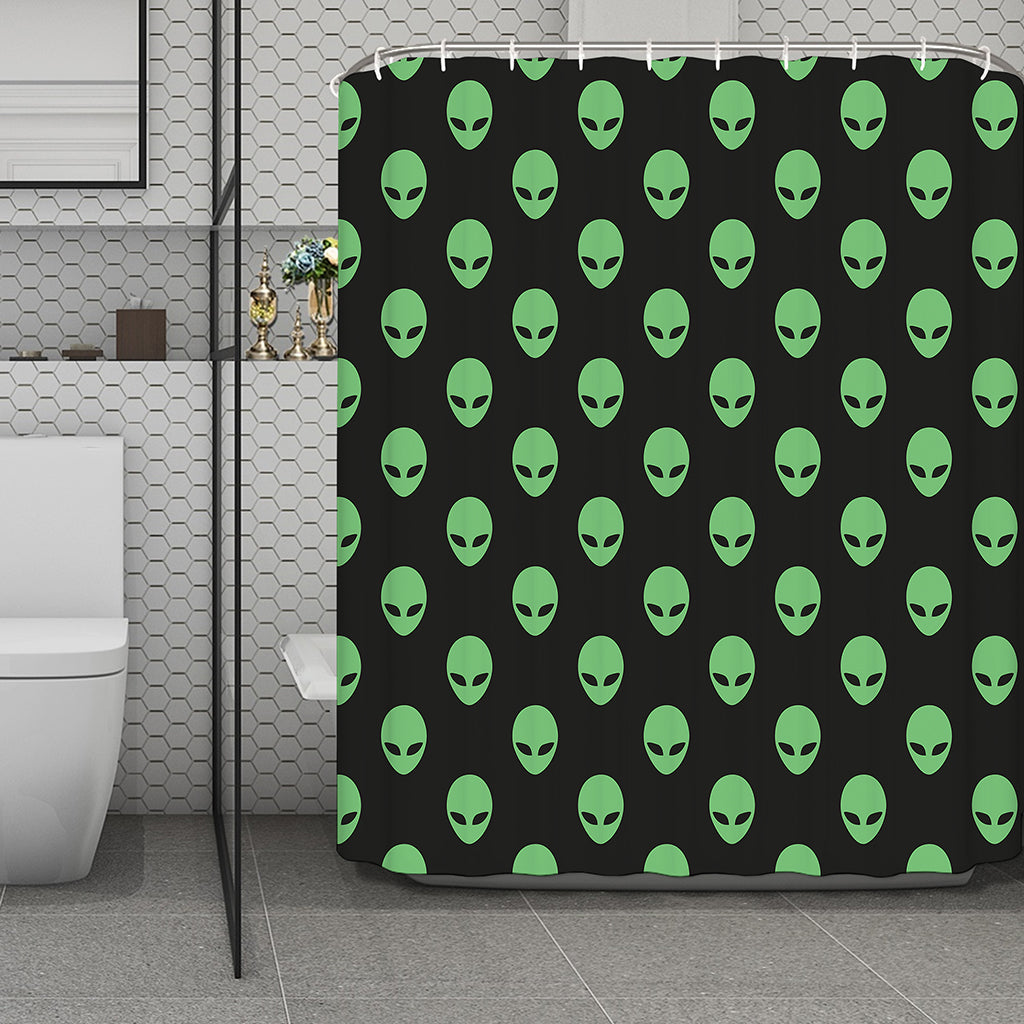 Green Alien Face Print Polyester Shower Curtain