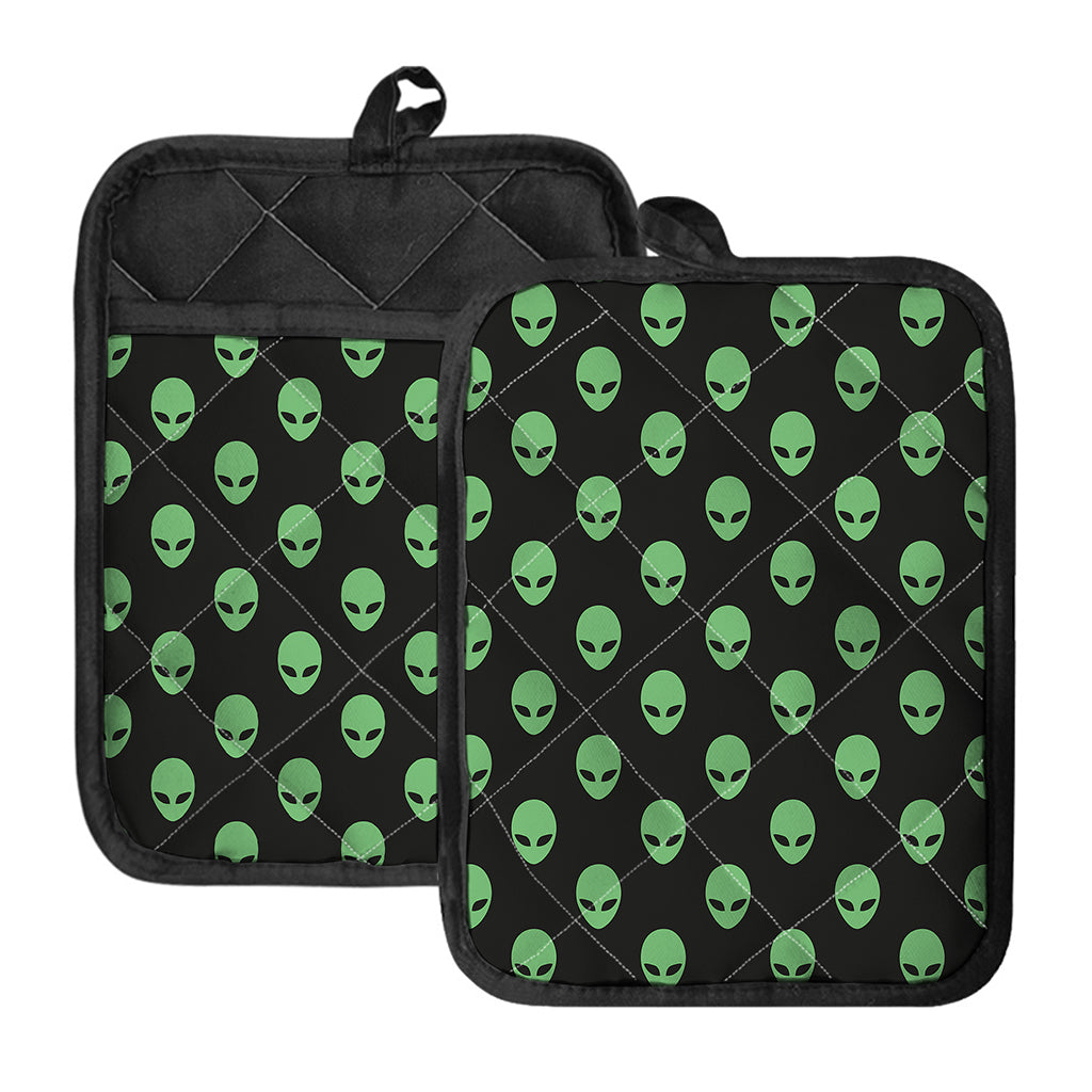 Green Alien Face Print Pot Holders With Pocket