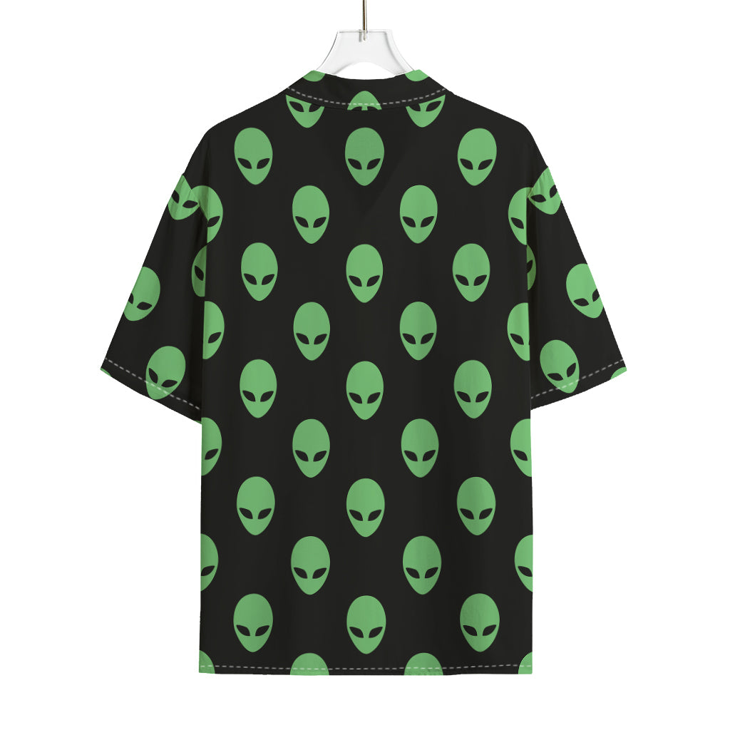 Green Alien Face Print Rayon Hawaiian Shirt