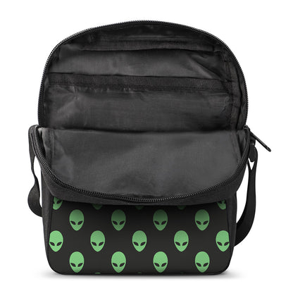 Green Alien Face Print Rectangular Crossbody Bag
