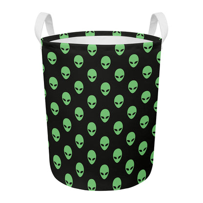 Green Alien Face Print Round Laundry Basket