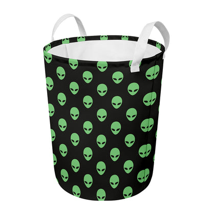 Green Alien Face Print Round Laundry Basket
