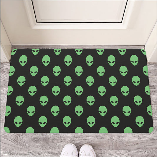 Green Alien Face Print Rubber Doormat
