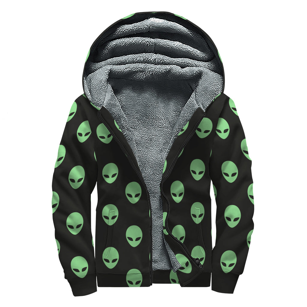 Green Alien Face Print Sherpa Lined Zip Up Hoodie