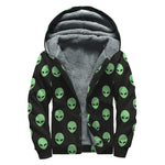 Green Alien Face Print Sherpa Lined Zip Up Hoodie