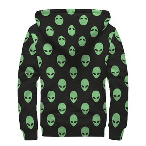 Green Alien Face Print Sherpa Lined Zip Up Hoodie