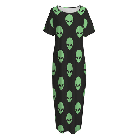 Green Alien Face Print Short Sleeve Long Nightdress
