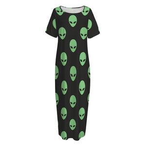 Green Alien Face Print Short Sleeve Long Nightdress