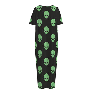 Green Alien Face Print Short Sleeve Long Nightdress