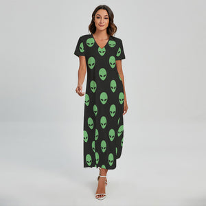 Green Alien Face Print Short Sleeve Maxi Dress