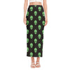 Green Alien Face Print Side Slit Maxi Skirt