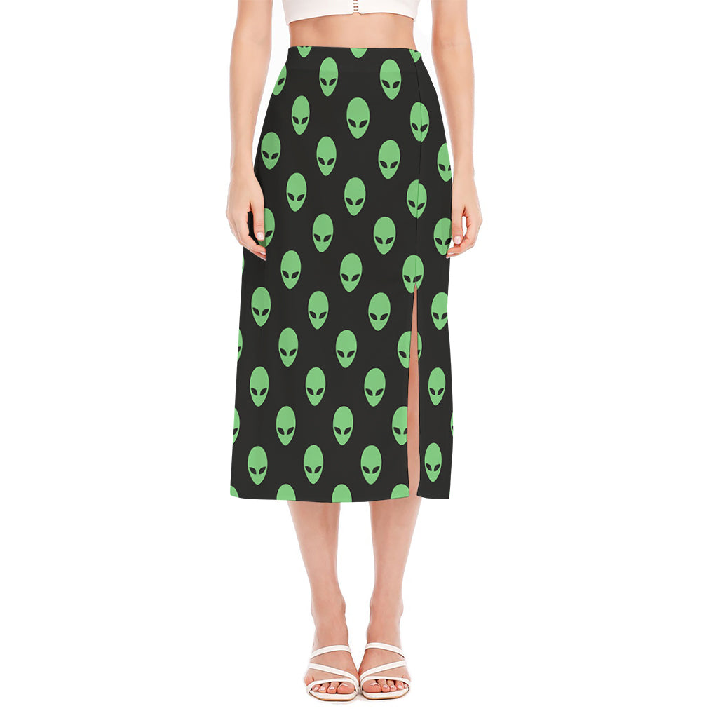 Green Alien Face Print Side Slit Midi Skirt