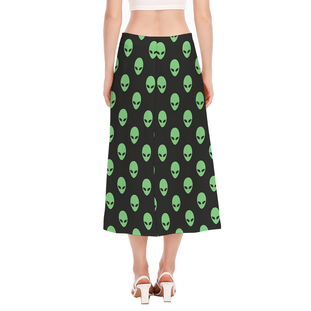 Green Alien Face Print Side Slit Midi Skirt