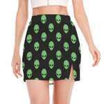 Green Alien Face Print Side Slit Mini Skirt