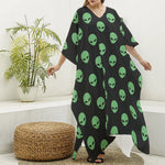 Green Alien Face Print Silk V-Neck Kaftan Dress