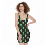 Green Alien Face Print Sleeveless Bodycon Dress