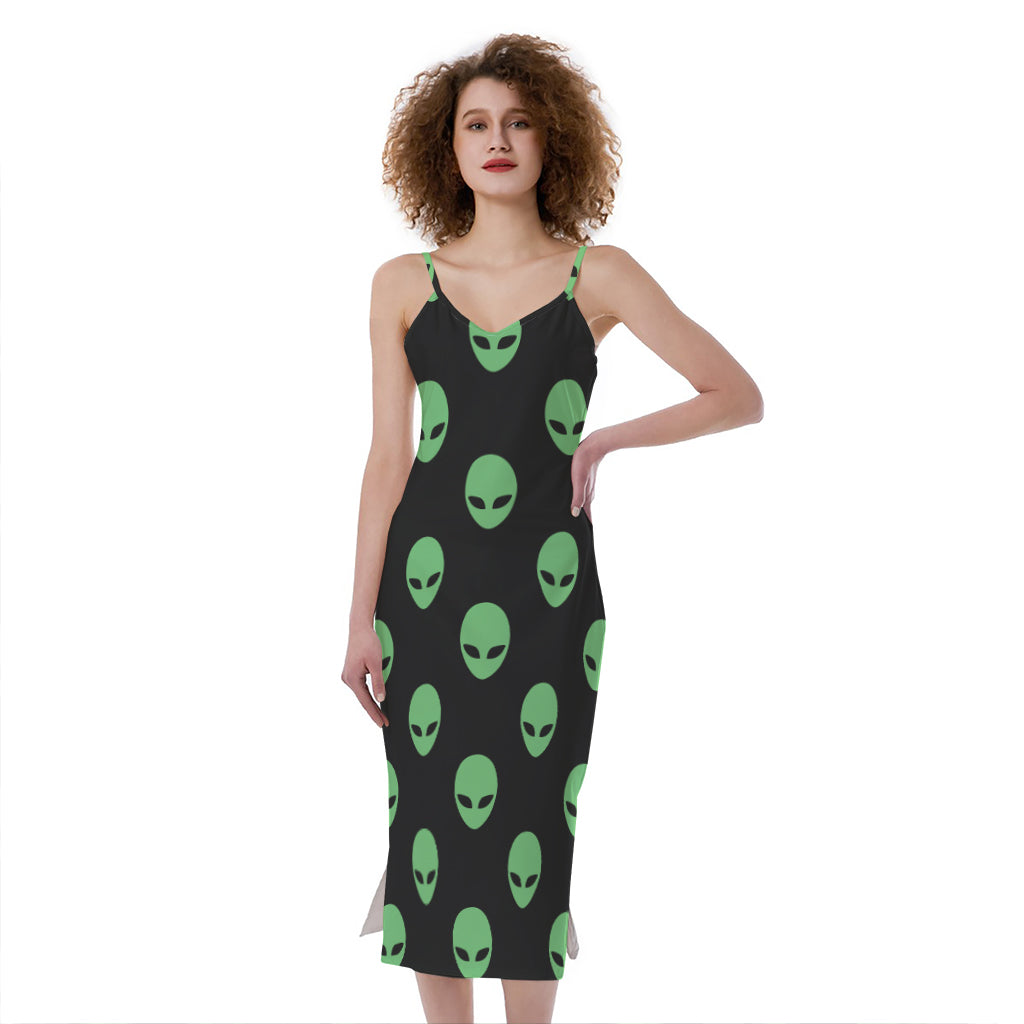 Green Alien Face Print Slim Fit Midi Cami Dress