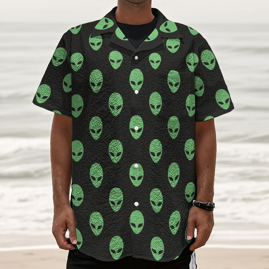 Green Alien Face Print Textured Short Sleeve Shirt