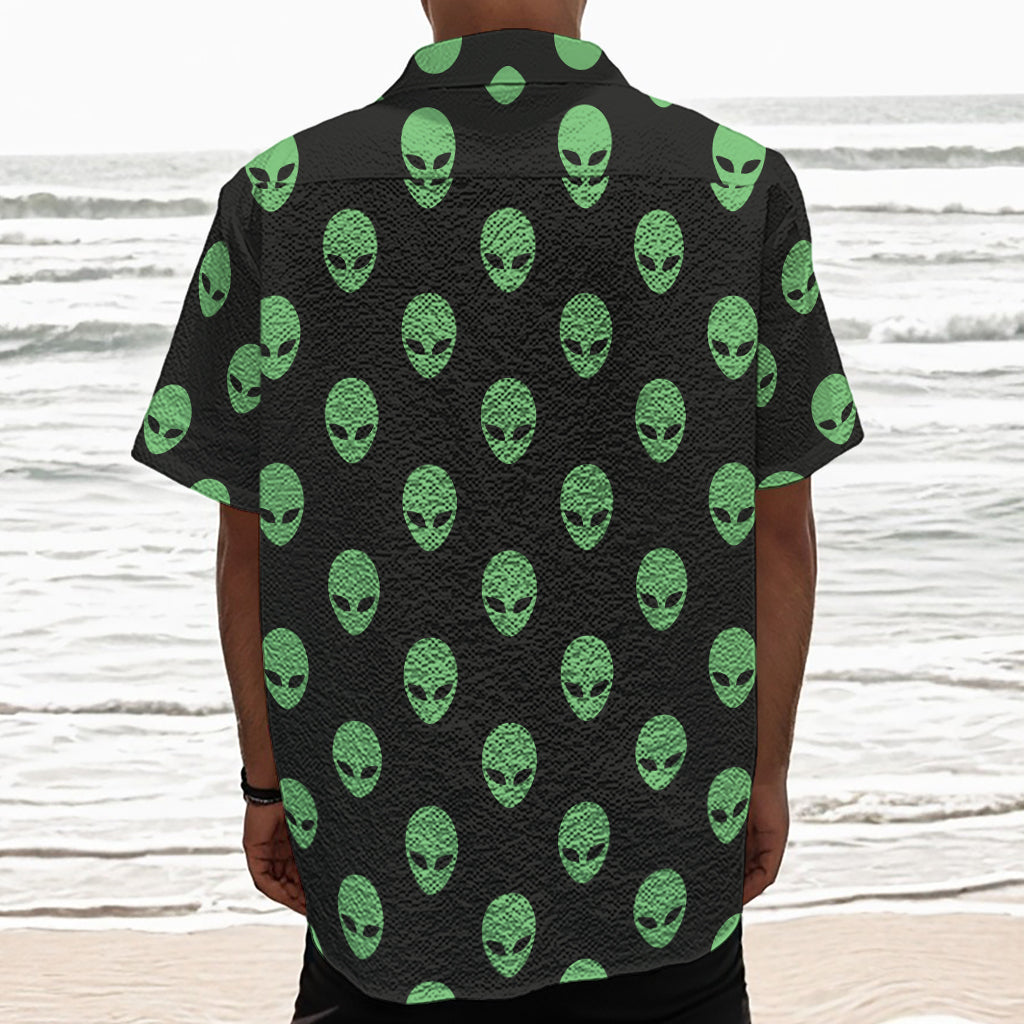 Green Alien Face Print Textured Short Sleeve Shirt